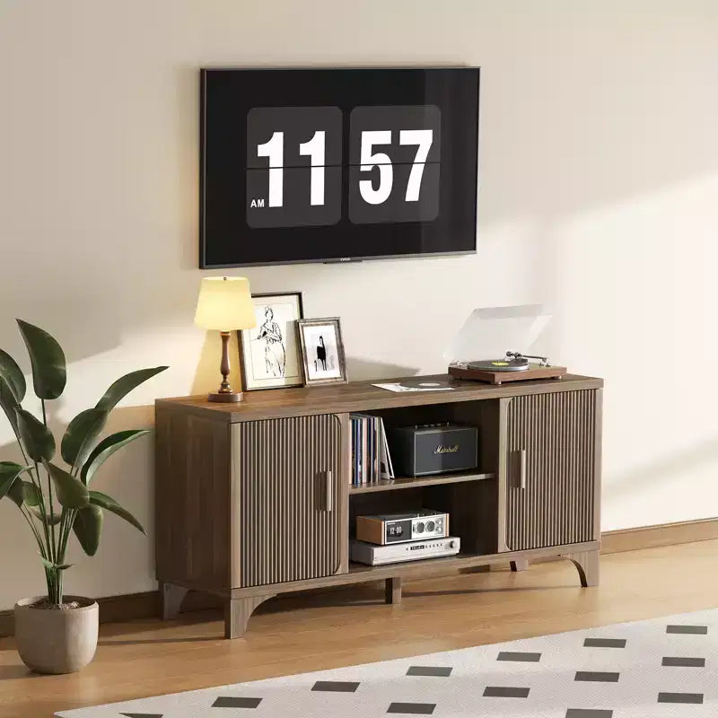 Meuble TV pour téléviseurs de 32 à 65 pouces Portes cannelées Meubles de rangement Étagères Noyer