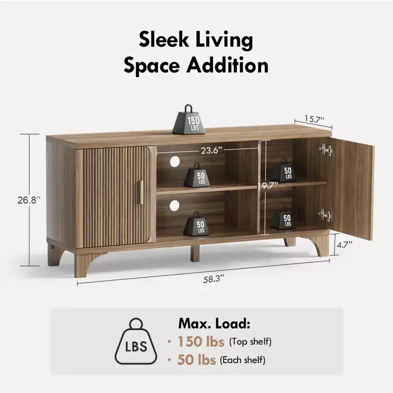 Meuble TV pour téléviseurs de 32 à 65 pouces Portes cannelées Meubles de rangement Étagères Noyer