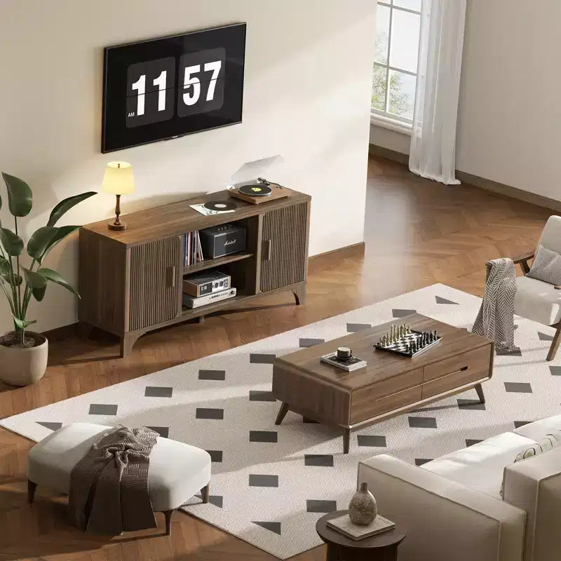 Meuble TV pour téléviseurs de 32 à 65 pouces Portes cannelées Meubles de rangement Étagères Noyer