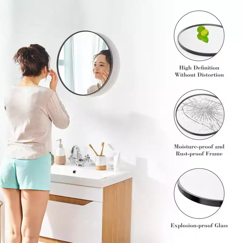 Miroir de salle de bain rond de 50 cm, miroir mural en aluminium à placer au-dessus du lavabo avec revêtement antirouille, noir