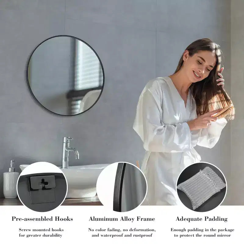 Miroir de salle de bain rond de 50 cm, miroir mural en aluminium à placer au-dessus du lavabo avec revêtement antirouille, noir