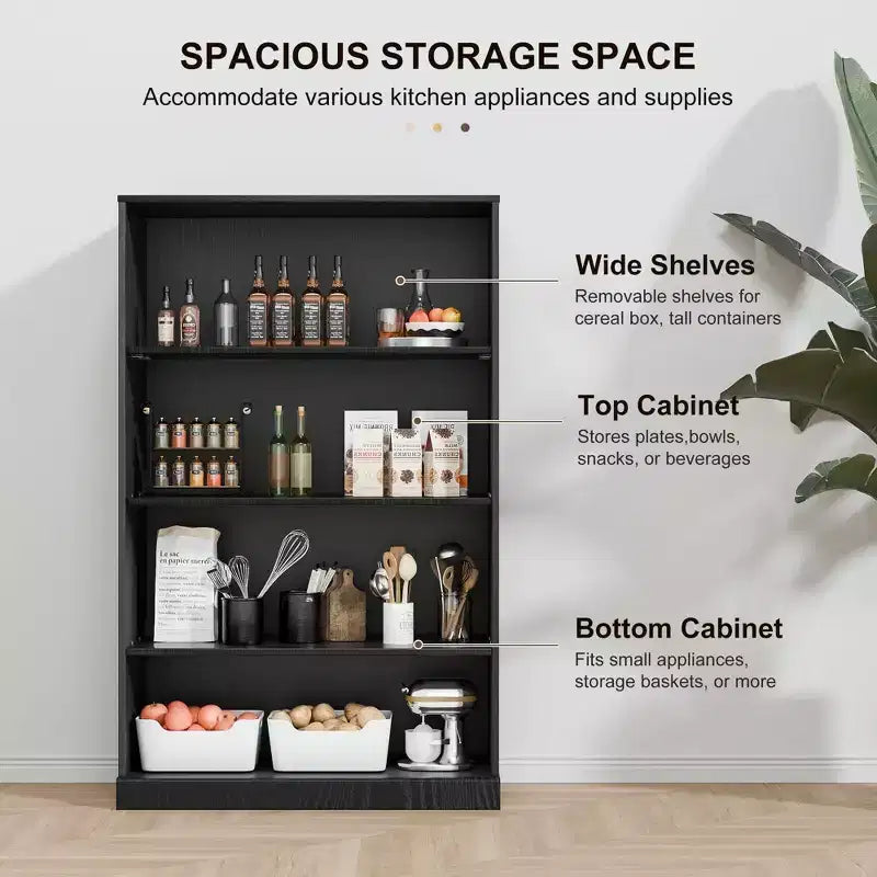 Armoire de rangement décorative de 48,5 po en bois veiné noir, sans portes, avec 4 étagères