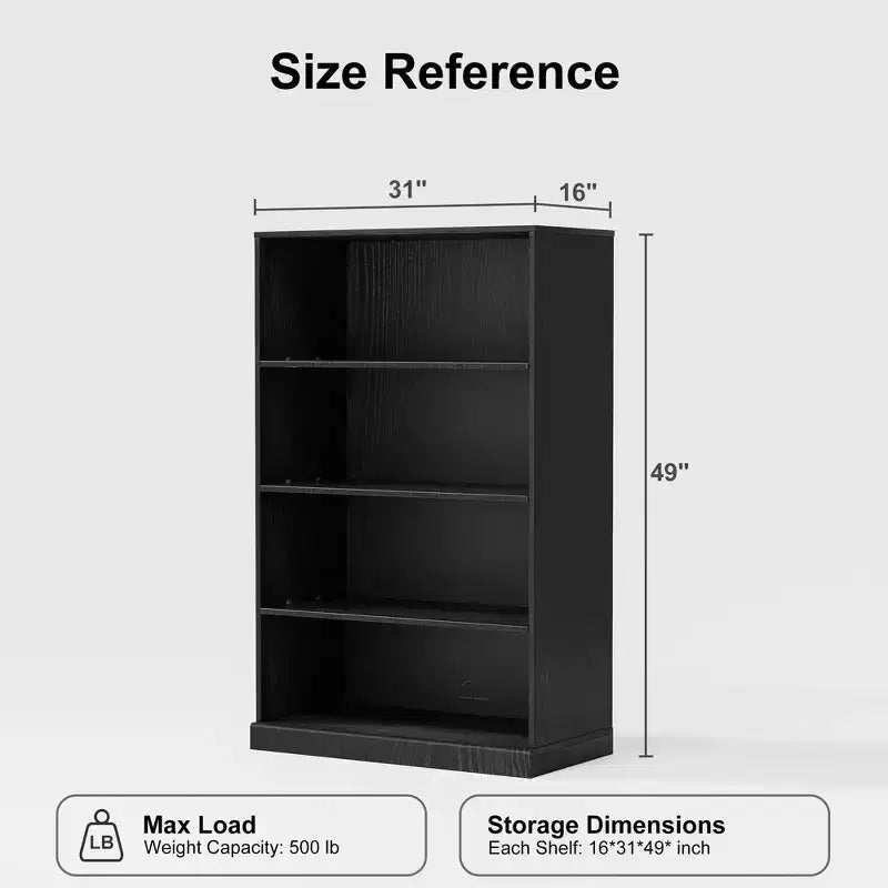 Armoire de rangement décorative de 48,5 po en bois veiné noir, sans portes, avec 4 étagères
