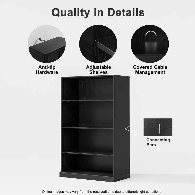 Armoire de rangement décorative de 48,5 po en bois veiné noir, sans portes, avec 4 étagères