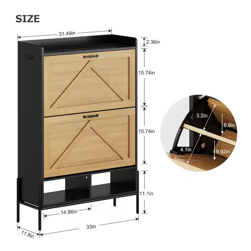 Meuble à chaussures avec 2 tiroirs basculants et rangement ouvert, pieds de support réglables, poignées métalliques, organisateur d'entrée