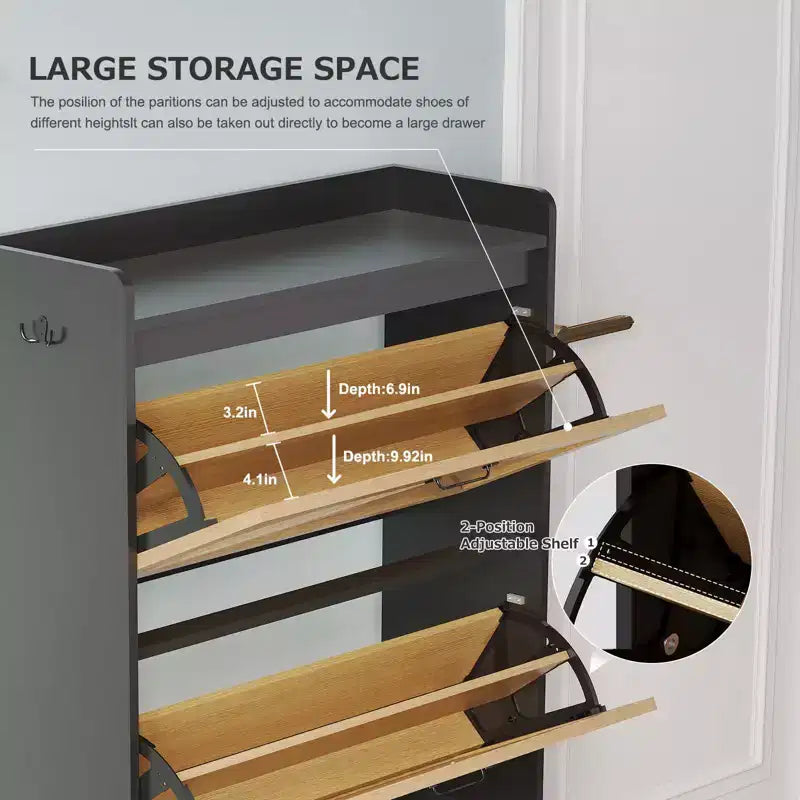 Meuble à chaussures avec 2 tiroirs basculants et rangement ouvert, pieds de support réglables, poignées métalliques, organisateur d'entrée