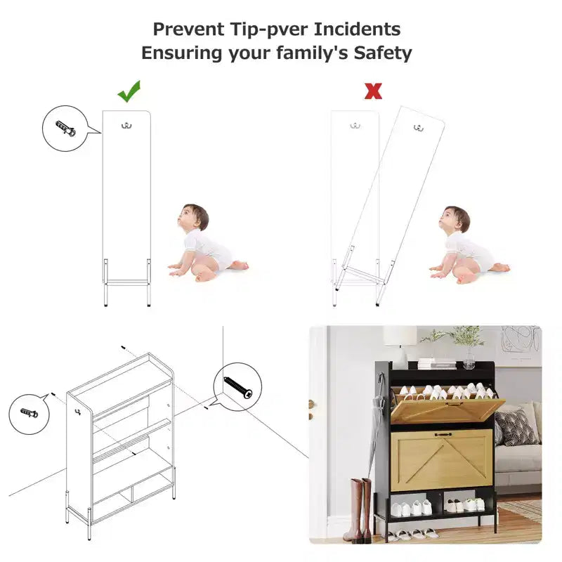 Meuble à chaussures avec 2 tiroirs basculants et rangement ouvert, pieds de support réglables, poignées métalliques, organisateur d'entrée
