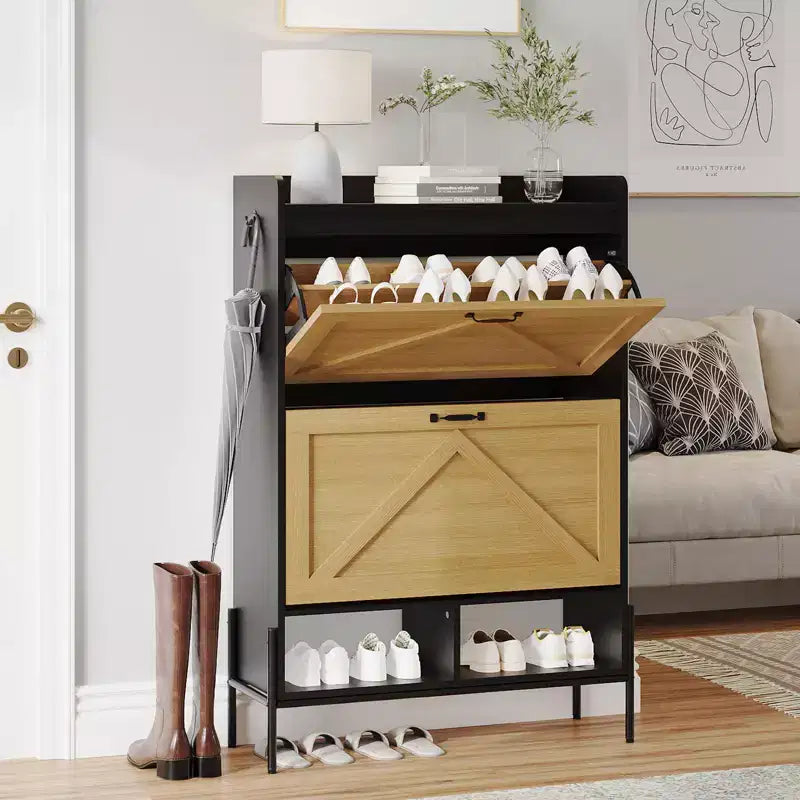 Meuble à chaussures avec 2 tiroirs basculants et rangement ouvert, pieds de support réglables, poignées métalliques, organisateur d'entrée