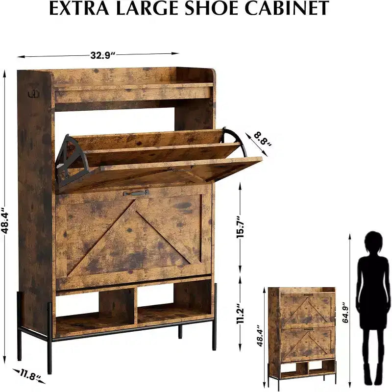 Meuble à chaussures avec 2 tiroirs basculants et rangement ouvert, pieds de support réglables, poignées métalliques, organisateur d'entrée