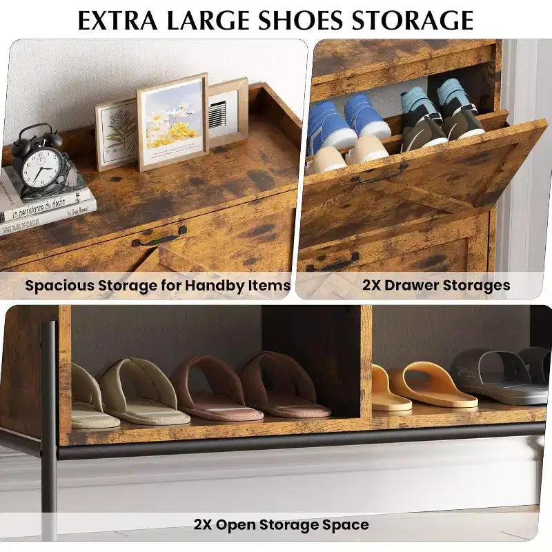 Meuble à chaussures avec 2 tiroirs basculants et rangement ouvert, pieds de support réglables, poignées métalliques, organisateur d'entrée