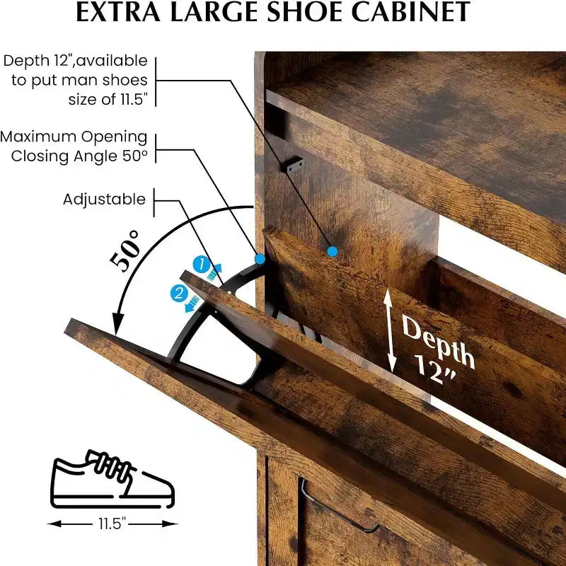 Meuble à chaussures avec 2 tiroirs basculants et rangement ouvert, pieds de support réglables, poignées métalliques, organisateur d'entrée