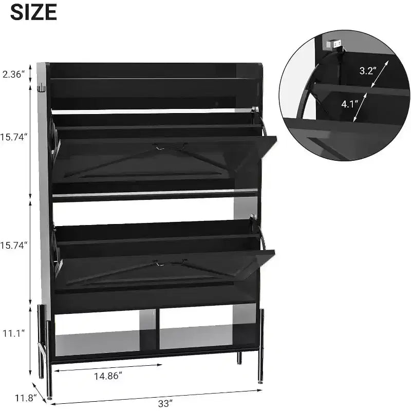 Meuble à chaussures avec 2 tiroirs basculants et rangement ouvert, pieds de support réglables, poignées métalliques, organisateur d'entrée