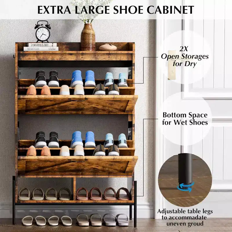 Meuble à chaussures avec 2 tiroirs basculants et rangement ouvert, pieds de support réglables, poignées métalliques, organisateur d'entrée