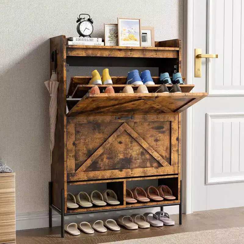 Meuble à chaussures avec 2 tiroirs basculants et rangement ouvert, pieds de support réglables, poignées métalliques, organisateur d'entrée
