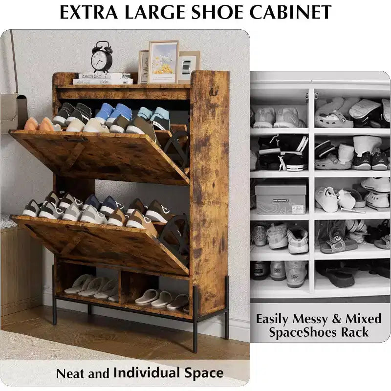 Meuble à chaussures avec 2 tiroirs basculants et rangement ouvert, pieds de support réglables, poignées métalliques, organisateur d'entrée