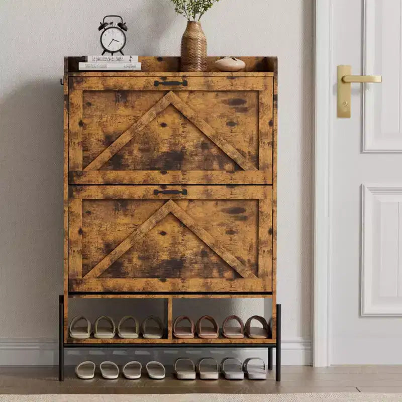 Meuble à chaussures avec 2 tiroirs basculants et rangement ouvert, pieds de support réglables, poignées métalliques, organisateur d'entrée