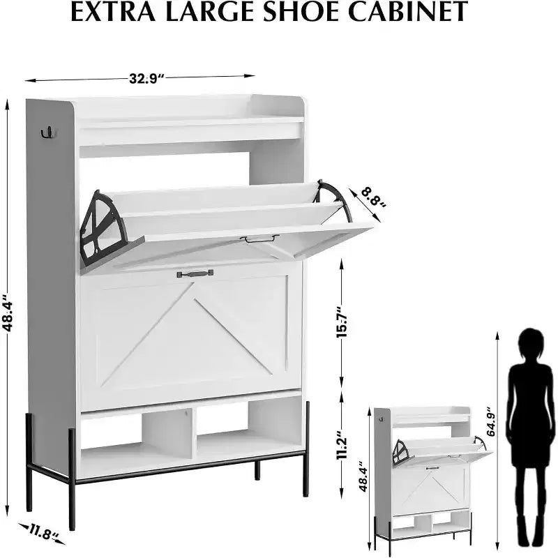 Meuble à chaussures avec 2 tiroirs basculants et rangement ouvert, pieds de support réglables, poignées métalliques, organisateur d'entrée