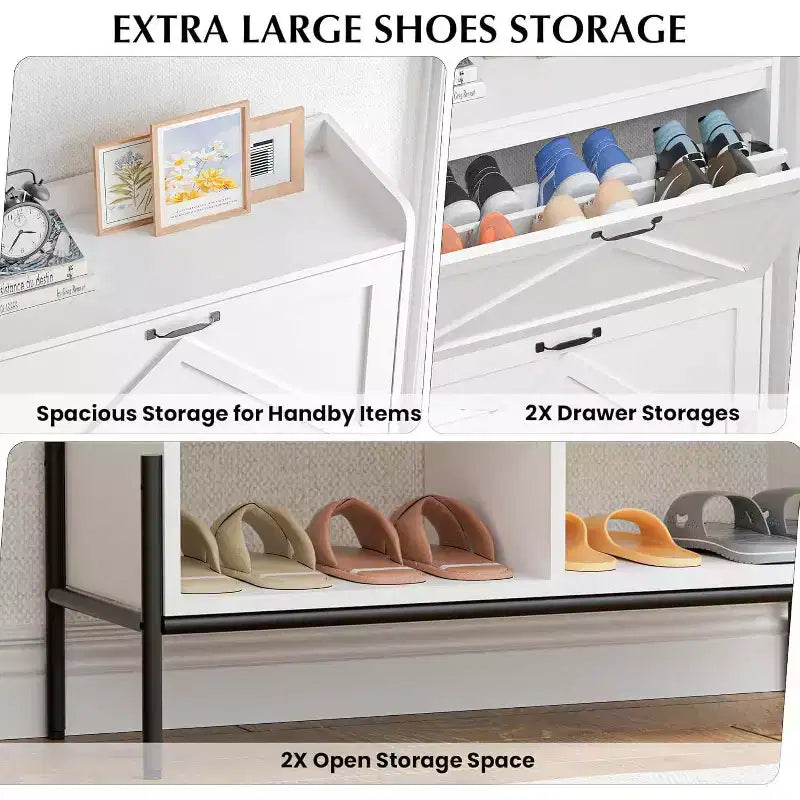 Meuble à chaussures avec 2 tiroirs basculants et rangement ouvert, pieds de support réglables, poignées métalliques, organisateur d'entrée