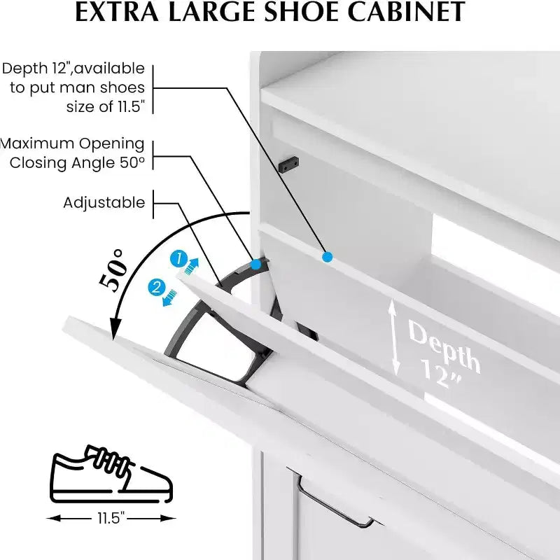 Meuble à chaussures avec 2 tiroirs basculants et rangement ouvert, pieds de support réglables, poignées métalliques, organisateur d'entrée