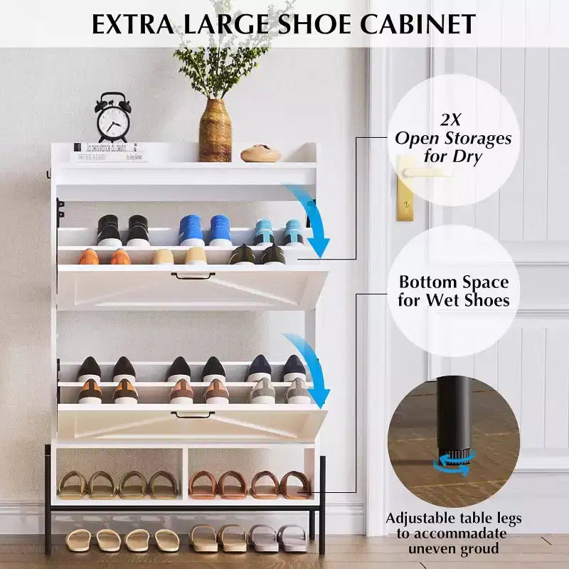 Meuble à chaussures avec 2 tiroirs basculants et rangement ouvert, pieds de support réglables, poignées métalliques, organisateur d'entrée
