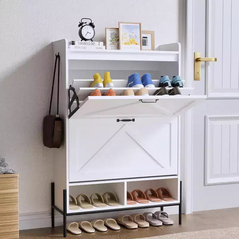 Meuble à chaussures avec 2 tiroirs basculants et rangement ouvert, pieds de support réglables, poignées métalliques, organisateur d'entrée