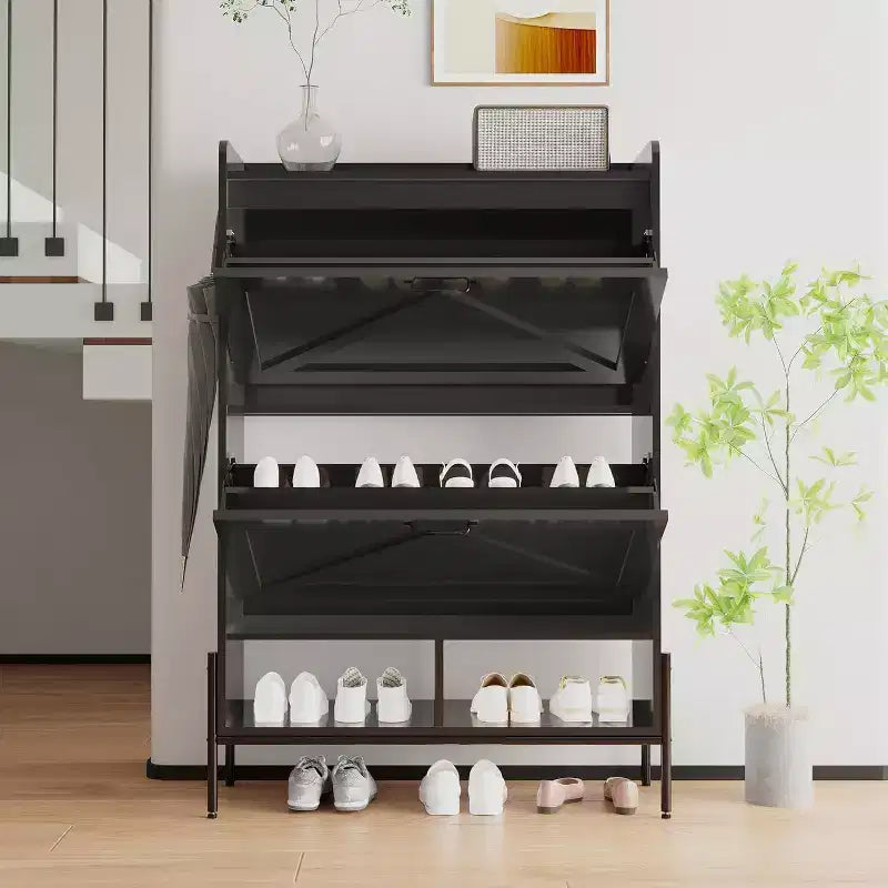 Meuble à chaussures avec 2 tiroirs basculants et rangement ouvert, pieds de support réglables, poignées métalliques, organisateur d'entrée