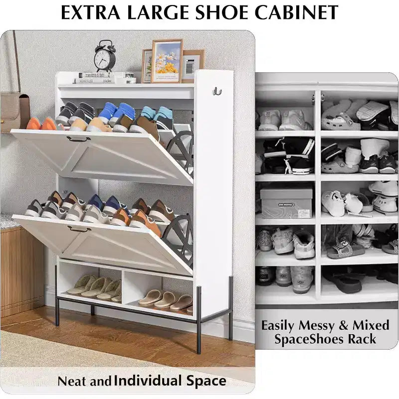 Meuble à chaussures avec 2 tiroirs basculants et rangement ouvert, pieds de support réglables, poignées métalliques, organisateur d'entrée