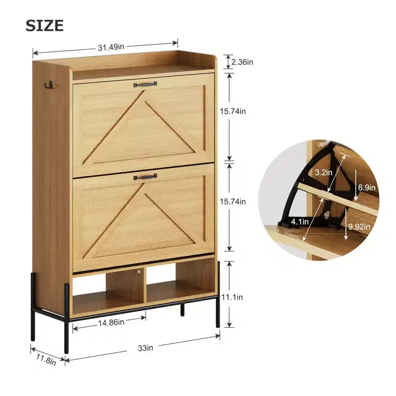 Meuble à chaussures avec 2 tiroirs basculants et rangement ouvert, pieds de support réglables, poignées métalliques, organisateur d'entrée