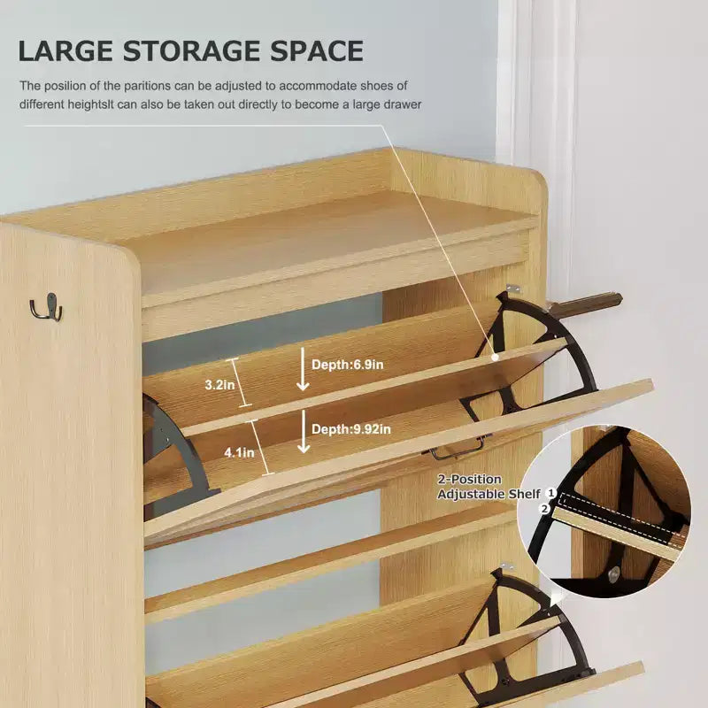 Meuble à chaussures avec 2 tiroirs basculants et rangement ouvert, pieds de support réglables, poignées métalliques, organisateur d'entrée