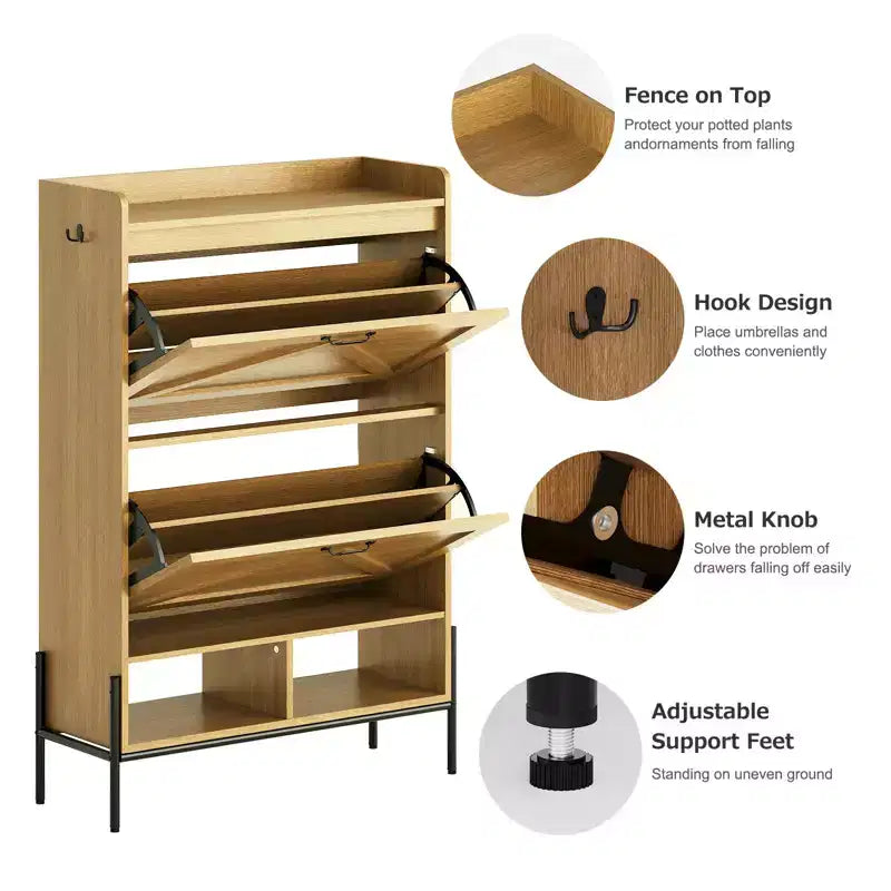 Meuble à chaussures avec 2 tiroirs basculants et rangement ouvert, pieds de support réglables, poignées métalliques, organisateur d'entrée