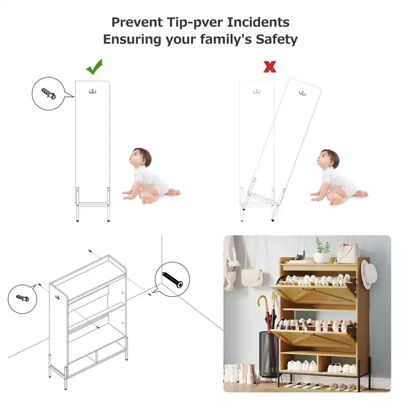 Meuble à chaussures avec 2 tiroirs basculants et rangement ouvert, pieds de support réglables, poignées métalliques, organisateur d'entrée
