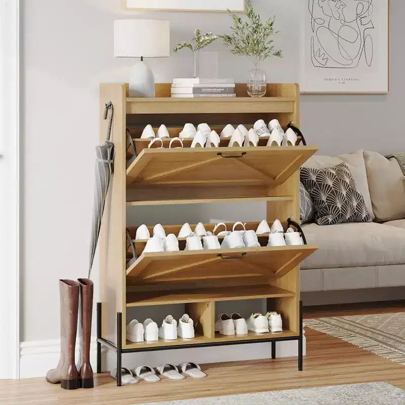 Meuble à chaussures avec 2 tiroirs basculants et rangement ouvert, pieds de support réglables, poignées métalliques, organisateur d'entrée