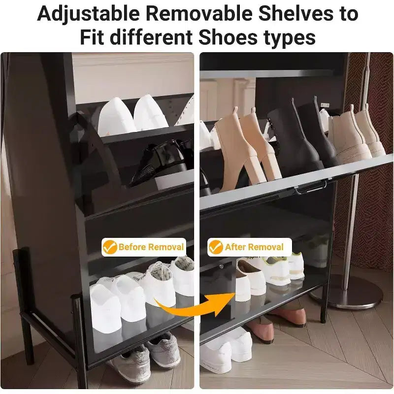 Meuble à chaussures avec 2 tiroirs basculants et rangement ouvert, pieds de support réglables, poignées métalliques, organisateur d'entrée