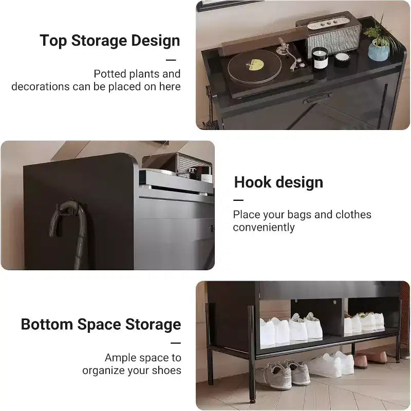 Meuble à chaussures avec 2 tiroirs basculants et rangement ouvert, pieds de support réglables, poignées métalliques, organisateur d'entrée