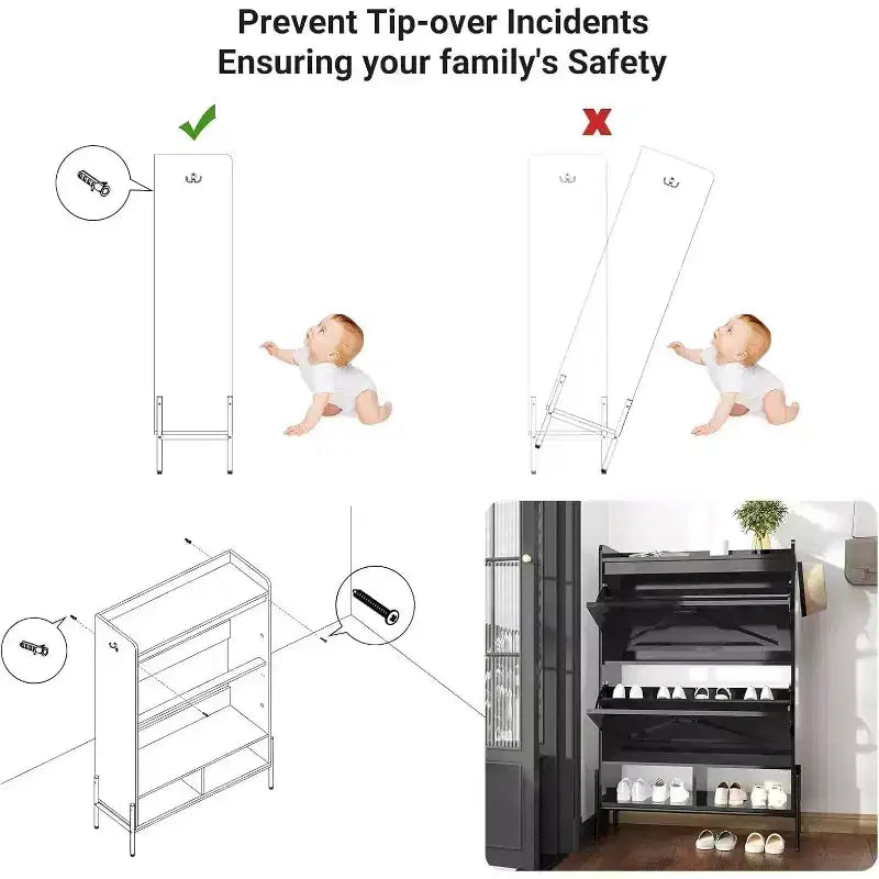 Meuble à chaussures avec 2 tiroirs basculants et rangement ouvert, pieds de support réglables, poignées métalliques, organisateur d'entrée