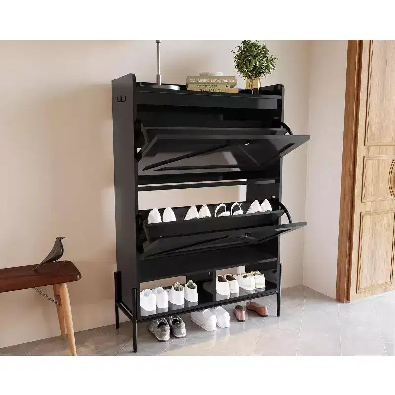 Meuble à chaussures avec 2 tiroirs basculants et rangement ouvert, pieds de support réglables, poignées métalliques, organisateur d'entrée