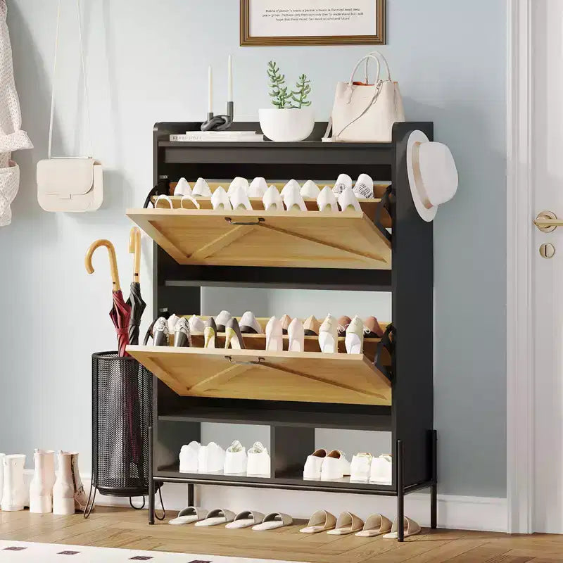 Meuble à chaussures avec 2 tiroirs basculants et rangement ouvert, pieds de support réglables, poignées métalliques, organisateur d'entrée