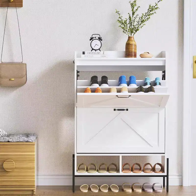 Meuble à chaussures avec 2 tiroirs basculants et rangement ouvert, pieds de support réglables, poignées métalliques, organisateur d'entrée