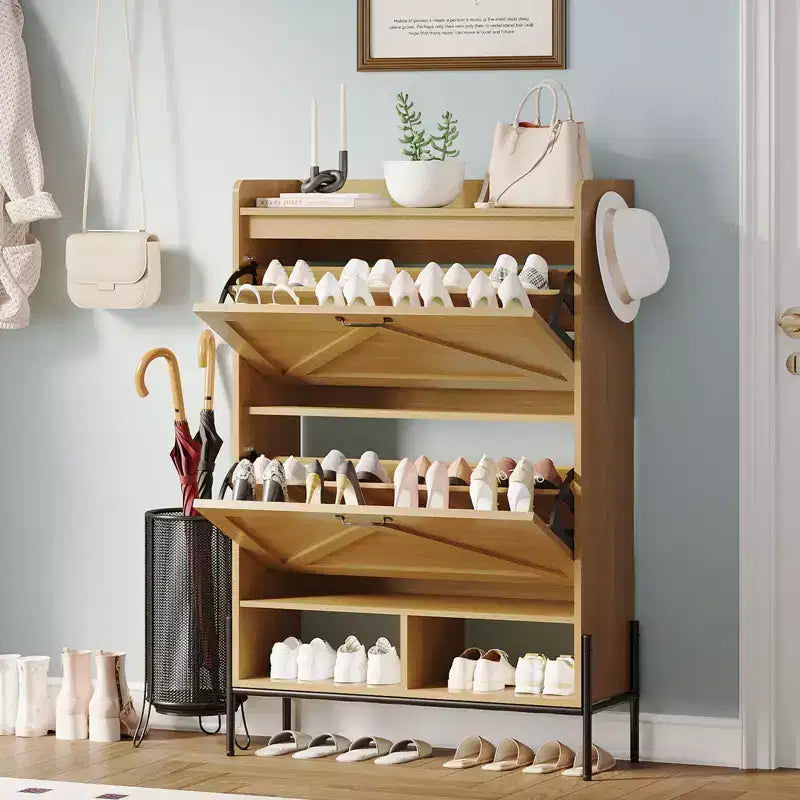Meuble à chaussures avec 2 tiroirs basculants et rangement ouvert, pieds de support réglables, poignées métalliques, organisateur d'entrée