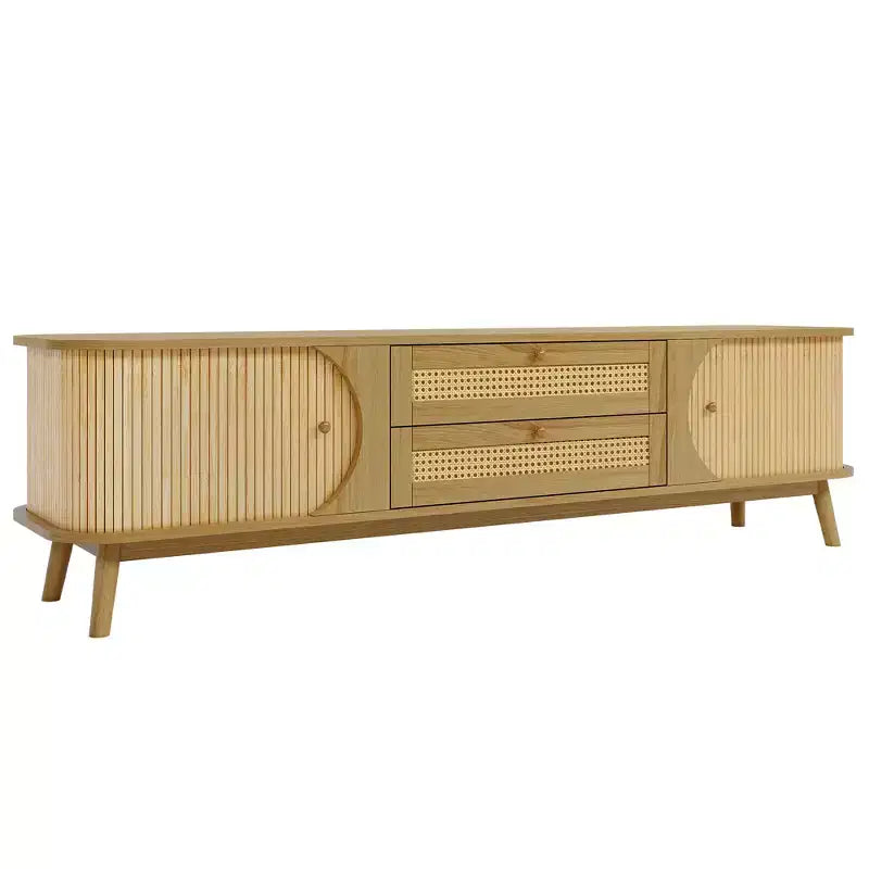 Clihome Rattan TV Stand for TVs up to 75'', Modern Farmhouse Media Console, Entertainment Center with Solid Wood Legs, TV Cabinet for Living Room