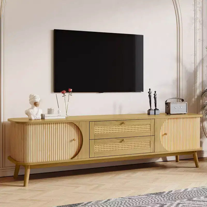 Clihome Rattan TV Stand for TVs up to 75'', Modern Farmhouse Media Console, Entertainment Center with Solid Wood Legs, TV Cabinet for Living Room