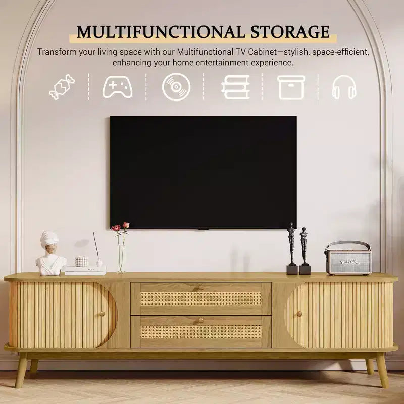 Clihome Rattan TV Stand for TVs up to 75'', Modern Farmhouse Media Console, Entertainment Center with Solid Wood Legs, TV Cabinet for Living Room