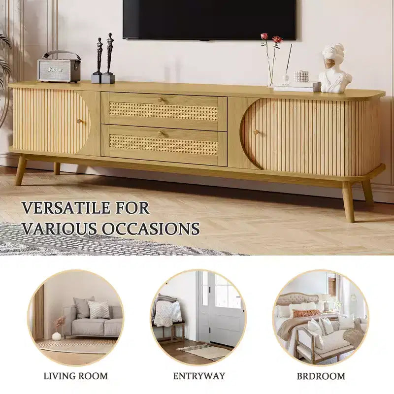 Clihome Rattan TV Stand for TVs up to 75'', Modern Farmhouse Media Console, Entertainment Center with Solid Wood Legs, TV Cabinet for Living Room