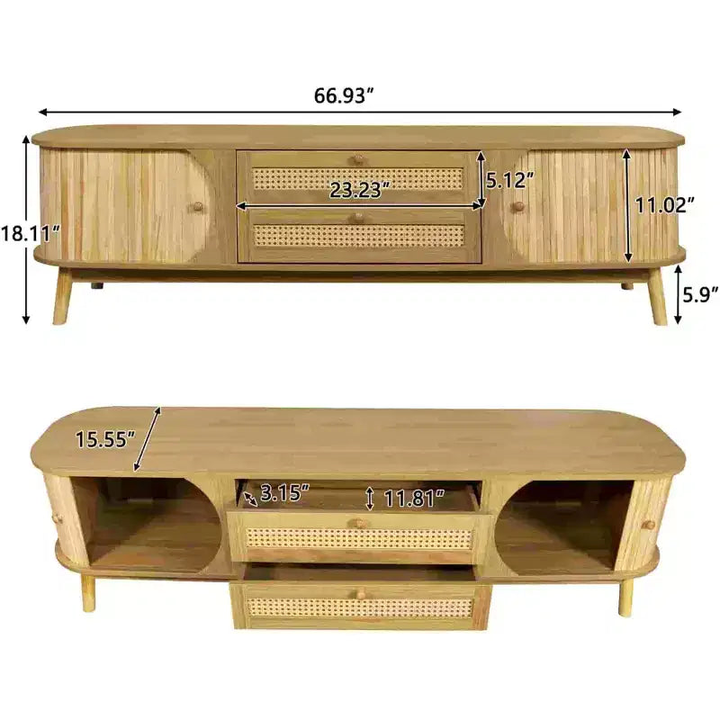 Clihome Rattan TV Stand for TVs up to 75'', Modern Farmhouse Media Console, Entertainment Center with Solid Wood Legs, TV Cabinet for Living Room