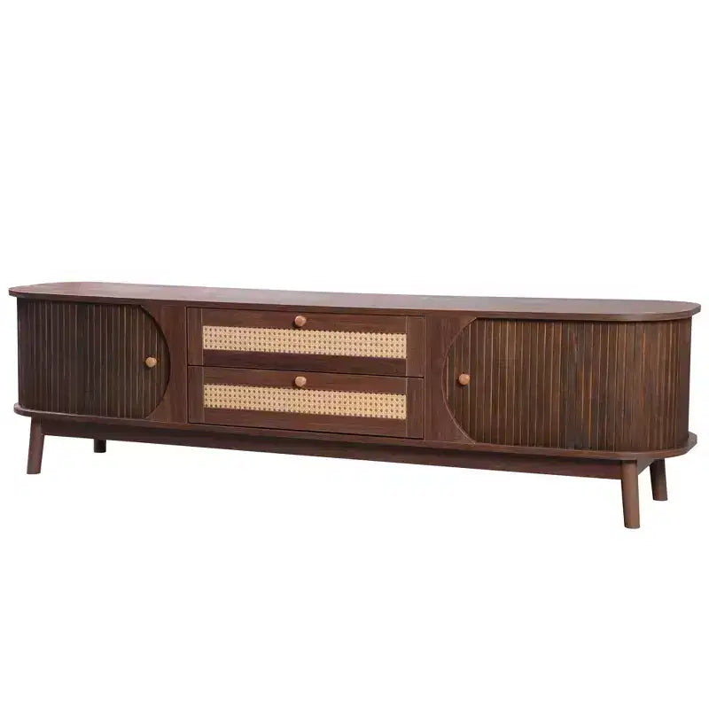 Clihome Rattan TV Stand for TVs up to 75'', Modern Farmhouse Media Console, Entertainment Center with Solid Wood Legs, TV Cabinet for Living Room