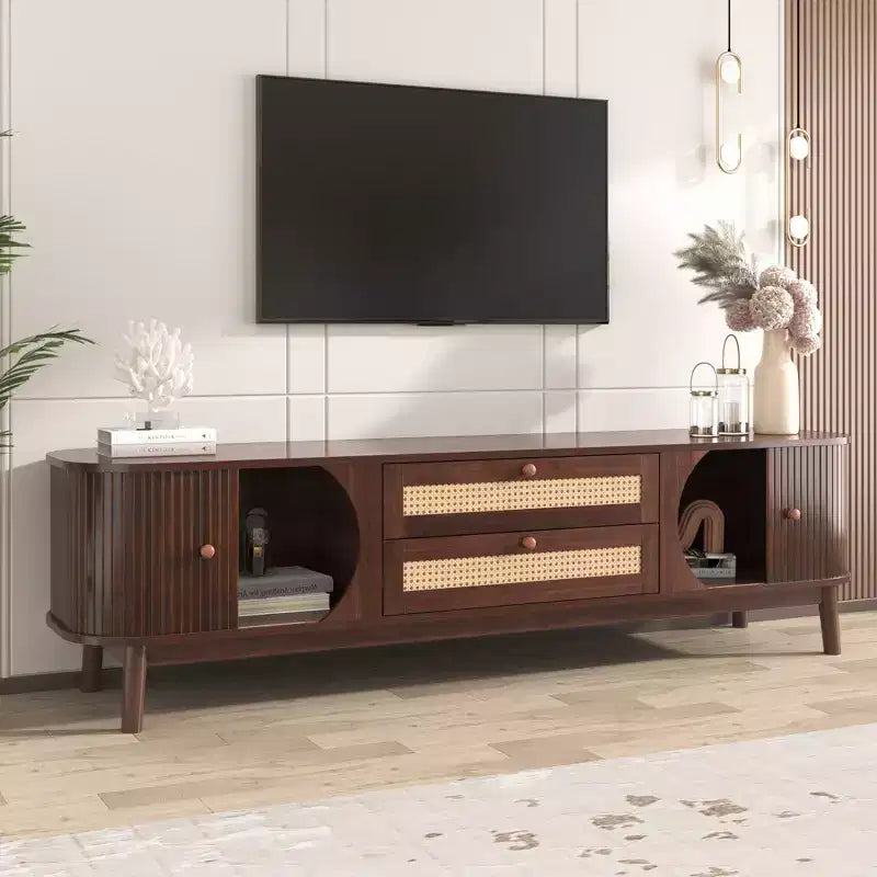 Clihome Rattan TV Stand for TVs up to 75'', Modern Farmhouse Media Console, Entertainment Center with Solid Wood Legs, TV Cabinet for Living Room