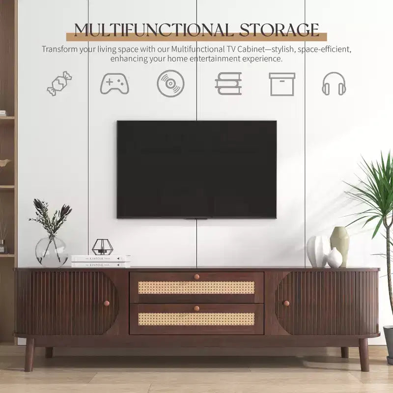 Clihome Rattan TV Stand for TVs up to 75'', Modern Farmhouse Media Console, Entertainment Center with Solid Wood Legs, TV Cabinet for Living Room