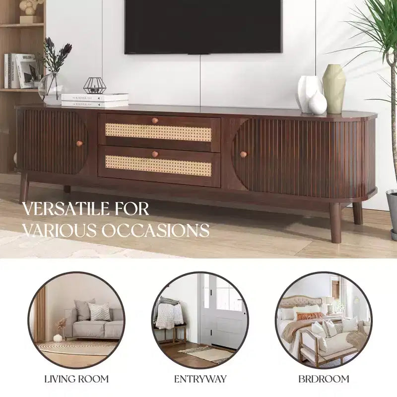 Clihome Rattan TV Stand for TVs up to 75'', Modern Farmhouse Media Console, Entertainment Center with Solid Wood Legs, TV Cabinet for Living Room