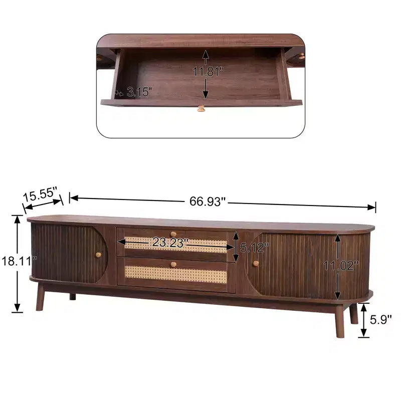 Clihome Rattan TV Stand for TVs up to 75'', Modern Farmhouse Media Console, Entertainment Center with Solid Wood Legs, TV Cabinet for Living Room