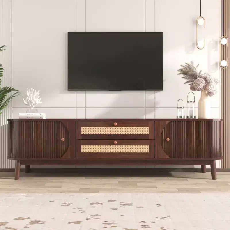Clihome Rattan TV Stand for TVs up to 75'', Modern Farmhouse Media Console, Entertainment Center with Solid Wood Legs, TV Cabinet for Living Room